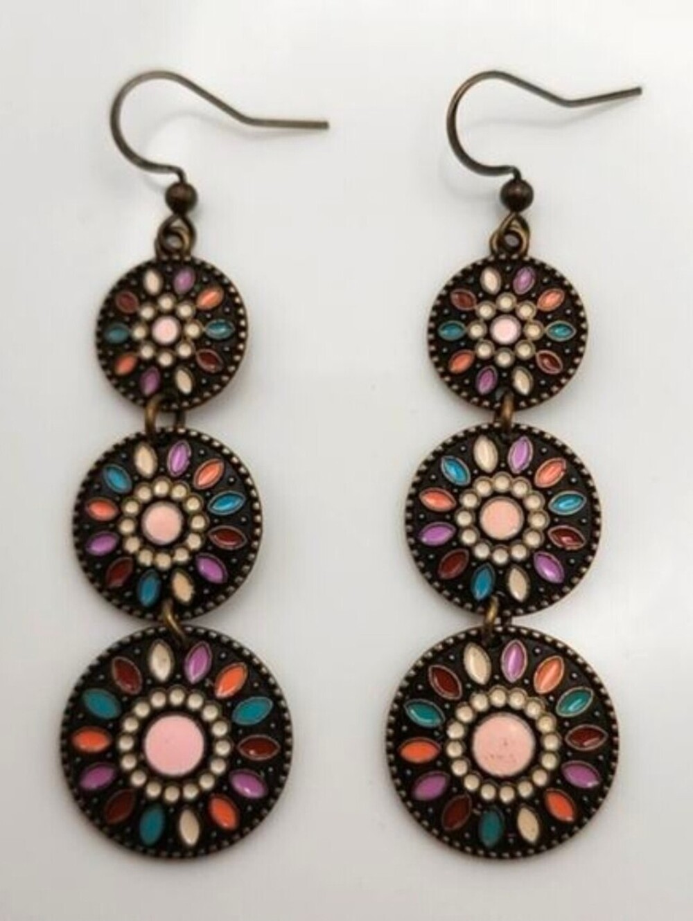 Pink Pastel Mosaic Bloom Retro Triple Drop Dangle Earrings